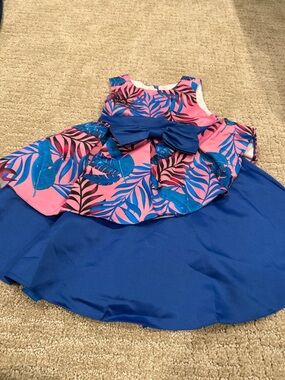 Pink & Blue Tropical Bow Girls Dress